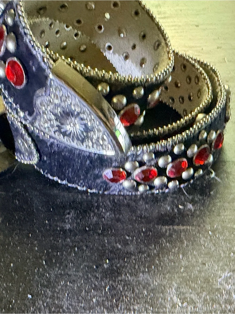 Black cowhide rhinestone crosses red stones western bling belt large